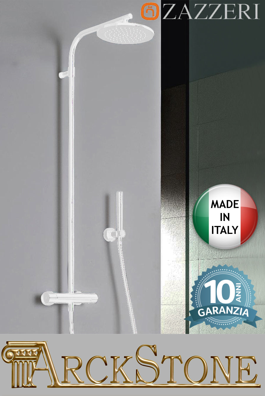Colonna doccia marca Zazzeri modello Showers miscelatore termostatico soffione anticalcare ispezionabile tondo Ø220 mm doccetta finitura bianco parete bagno garanzia 10 anni azienda certificata qualità made in italy