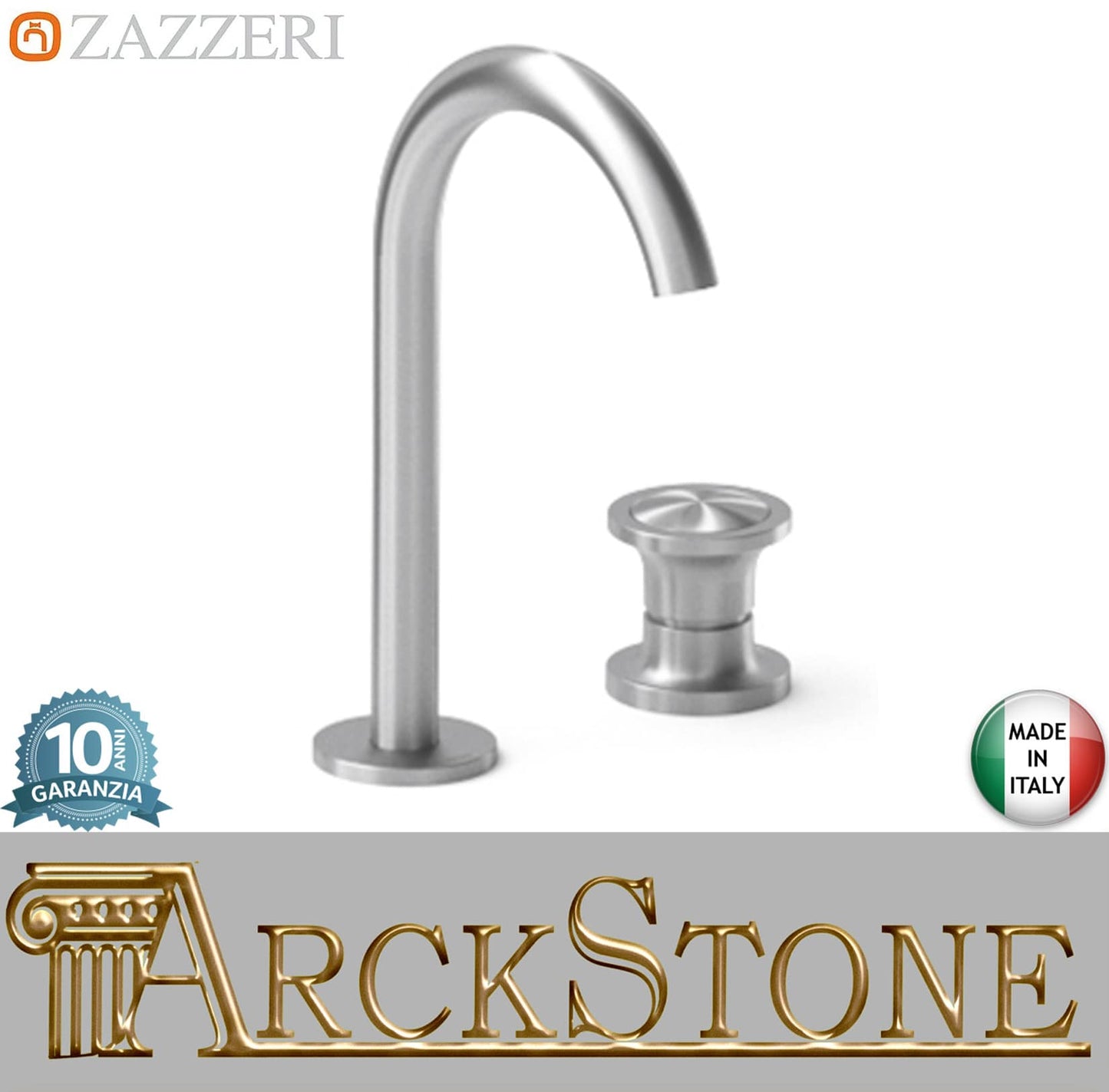 Zazzeri Rubinetterie JK21 Mono Miscelatore Lavabo Da Piano Appoggio Con Bocca Girevole 2 Fori Monocomando Altezza 302 mm Senza Piletta Di Scarico Stile Moderno Materiale Acciaio Inox Finitura Acciaio Spazzolato
