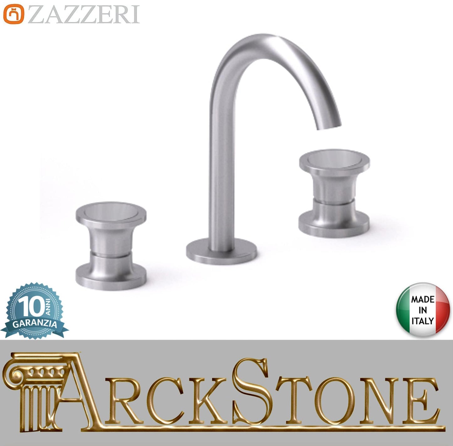 Zazzeri Rubinetterie JK21 Batteria Lavabo Collo Girevole 2 Leve L145 x H150 mm 3 Fori Stile Moderno Materiale Acciaio Inox Finitura Acciaio Spazzolato