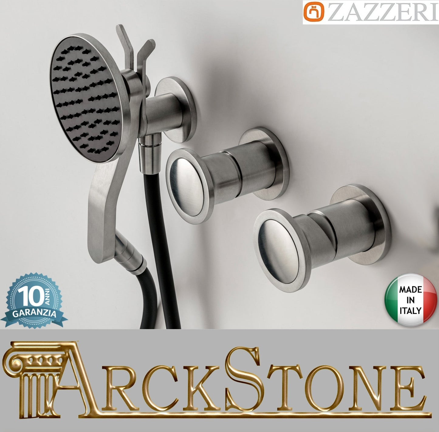 Zazzeri Rubinetterie JK21 Mono Miscelatore Doccia Meccanico Incasso A Muro Con Deviatore A 2 Vie E Doccetta Ø120 mm Tonda 3 Fori Monocomando Stile Moderno Materiale Acciaio Inox Finitura Acciaio Spazzolato