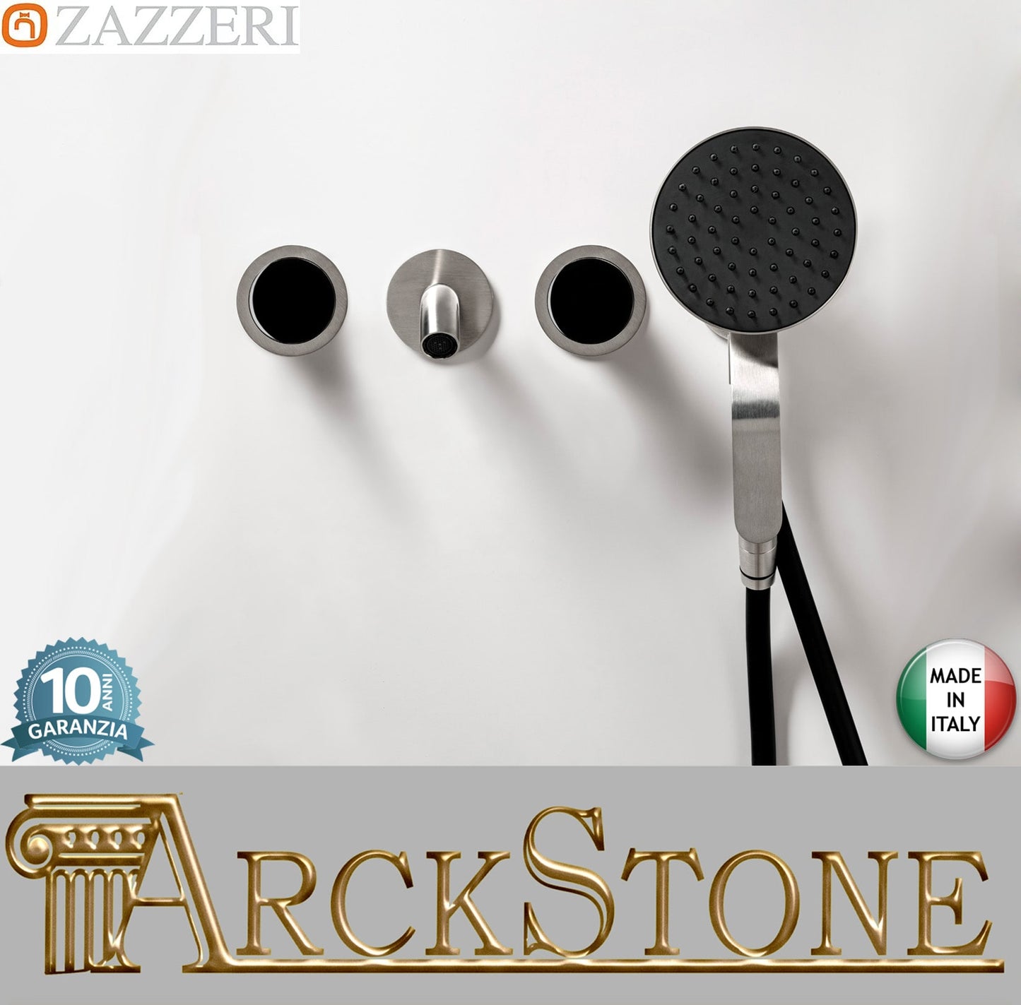 Zazzeri Rubinetterie JK21 Mono Gruppo Vasca A Incasso A Muro Con Due Miscelatori Doccetta Tonda Ø120 mm 4 Fori Senza Piastra Stile Moderno Materiale Acciaio Inox Finitura Acciaio Spazzolato