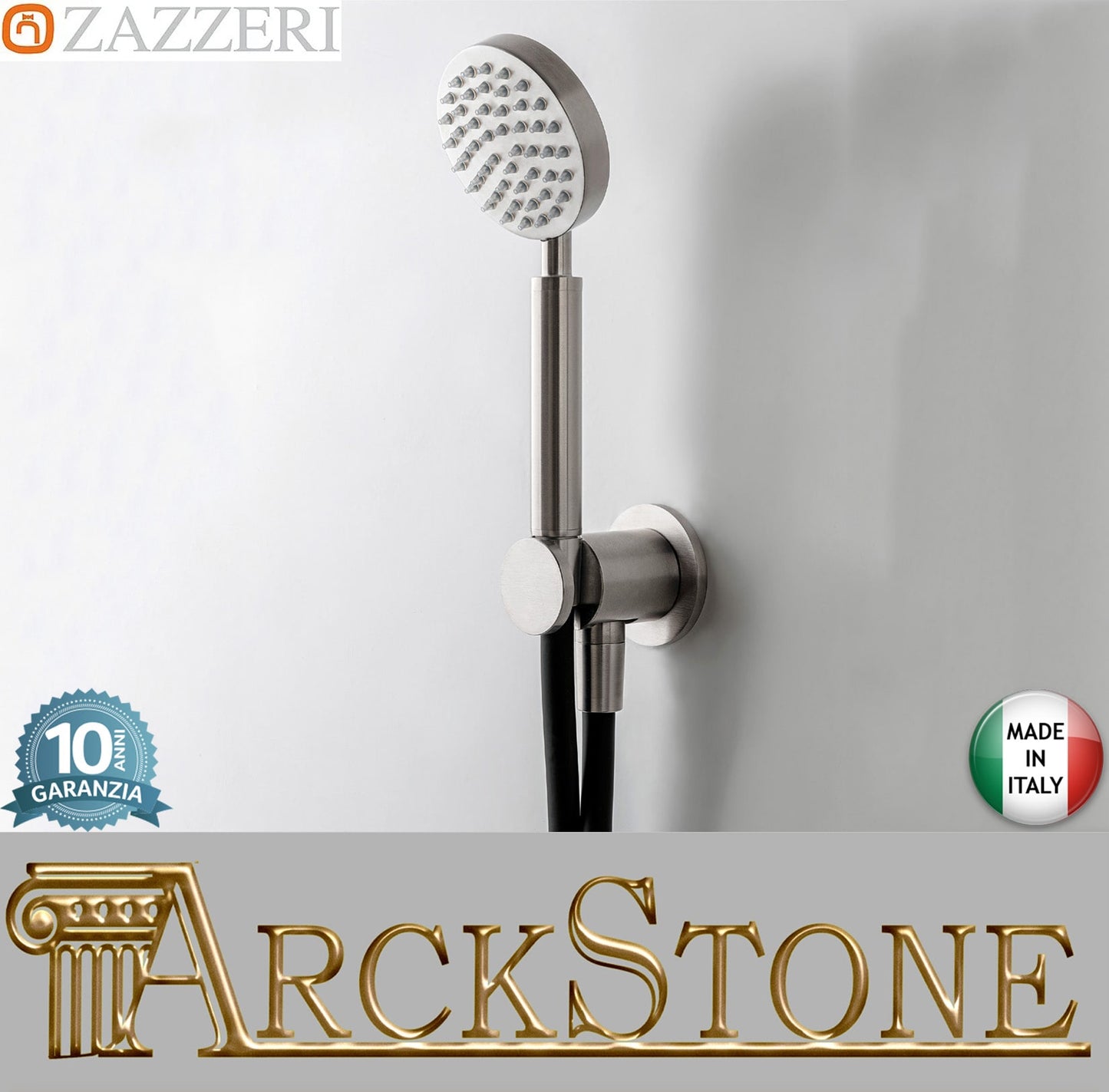 Zazzeri Rubinetterie JK21 Mono Set Doccia Con Doccetta Tonda Ø90 mm Monogetto Completo Di Presa Acqua A Muro E Supporto Stile Moderno Materiale Acciaio Inox Finitura Acciaio Spazzolato