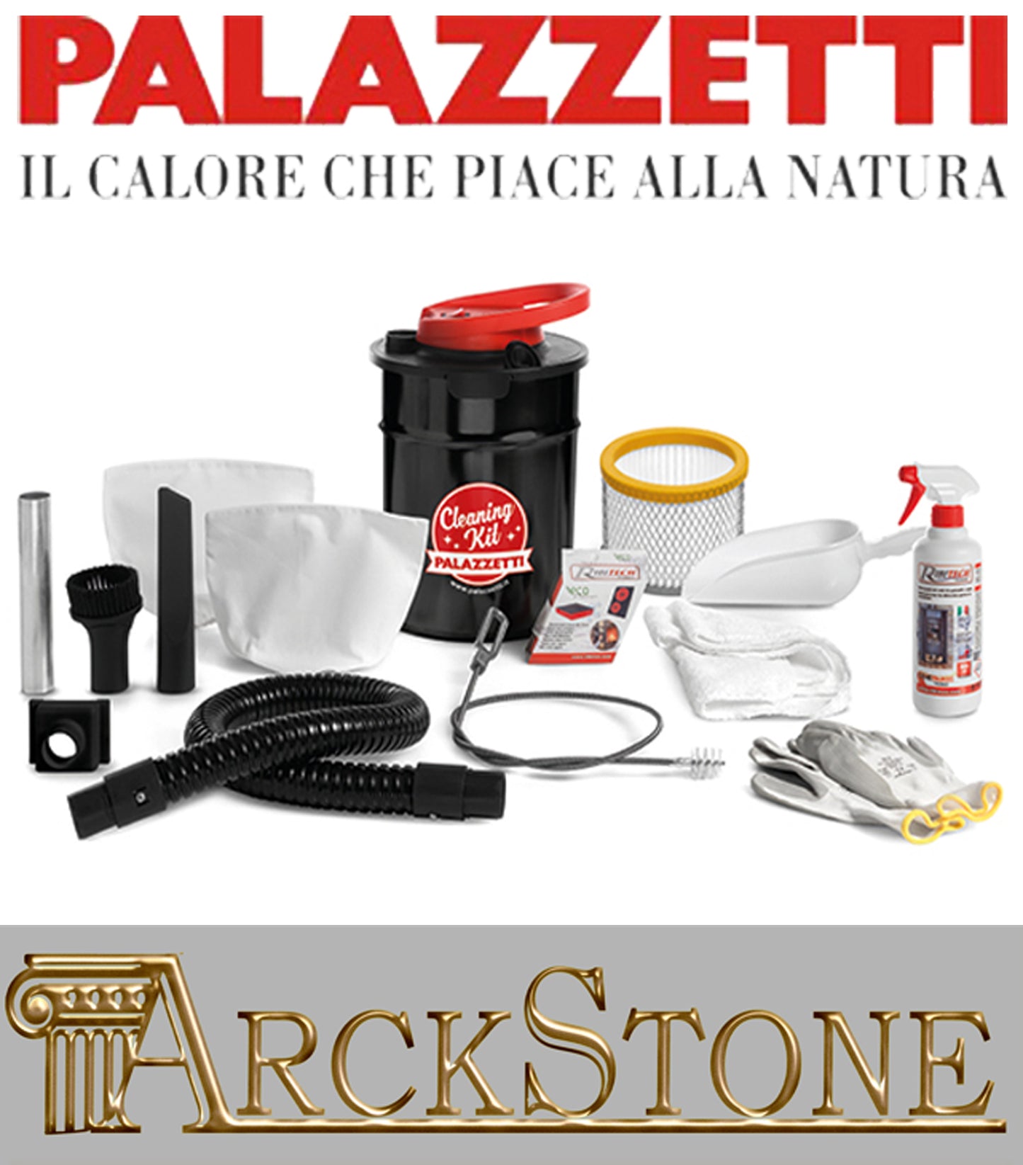 Aspiracenere Aspirapolvere Aspira Cenere Polvere Palazzetti Cleaning Kit Pulizia Manutenzione Stufe Pellet Maniglia Trasporto Filtro Hepa Doppio Sacchetto Tubo Flessibile Metallo Detergente Vetro Ceramico Spugnetta Panno Scovolo Flessibile Guanti Sessola