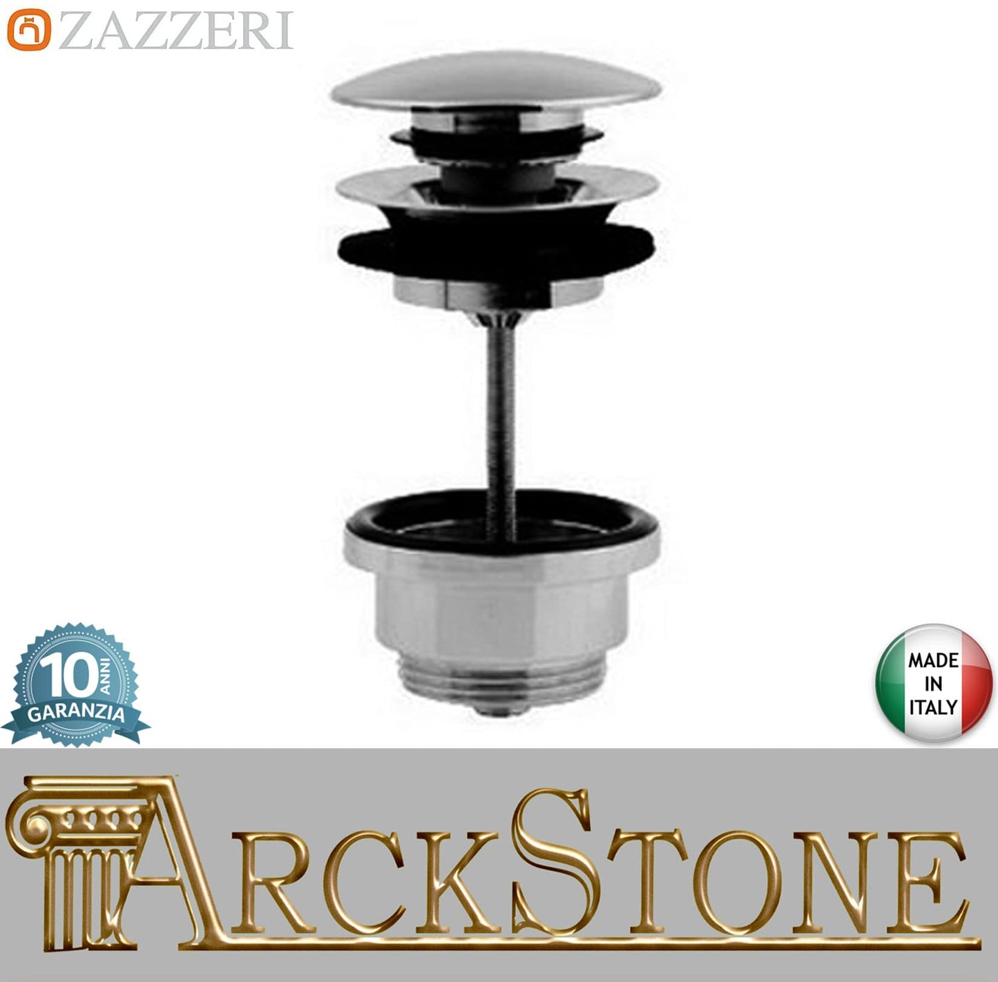 Piletta scarico marca Zazzeri modello Ultra finitura ottone cromato pressione appoggio anticalcare arredamento casa arredo bagno acqua autorizzato cromo acqua tappo azienda certificata garanzia 10 anni qualità made in italy