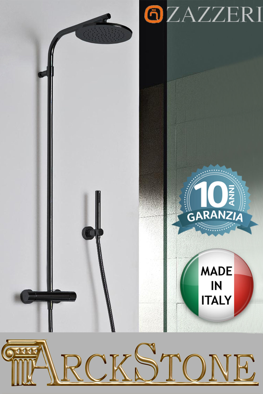 Colonna doccia marca Zazzeri modello Showers miscelatore termostatico soffione anticalcare ispezionabile tondo Ø220 mm doccetta finitura nero parete bagno garanzia 10 anni azienda certificata qualità made in italy