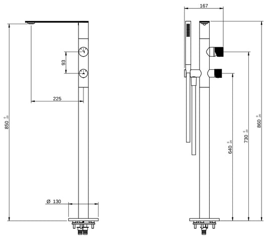 Rubinetterie Treemme 3M 3.6 RWIT 9A03 IS 50 + RWIT 4A62 ZZ 50 Miscelatore Vasca Da Terra a Pavimento Miscelazione Meccanica Monoforo 2 Manopole Con Doccetta Acciaio Inox Spazzolato Opaco Altezza 849 mm Profondità 225 mm Parte Interna Esterna Inclusa