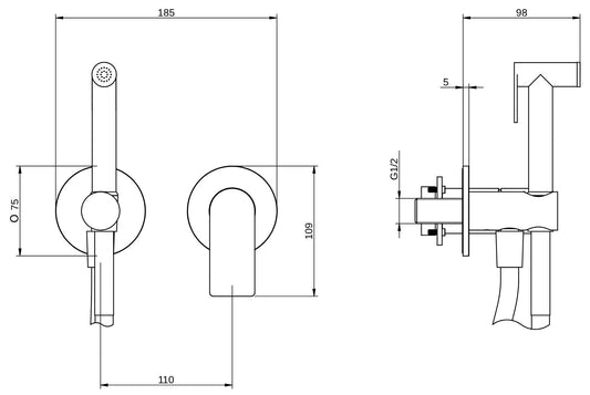 Rubinetterie Treemme 3M 3.6 RWIT 9AD4 IS 30 + RWIT 51A5 ZZ 01 Miscelatore Incasso Idroscopino Per WC Con Doccetta Tonda Flessibile in PVC 1 Metro 2 Fori 1 Leva Parte Interna e Esterna Incluse Acciaio Inox Spazzolato Opaco