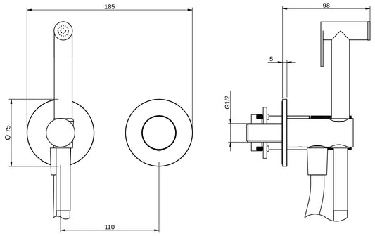 Rubinetterie Treemme 3M 3.6 RWIT 9AD4 IS 35 + RWIT 51A5 ZZ 01 Miscelatore Incasso Idroscopino Per WC Con Doccetta Tonda Flessibile in PVC 1 Metro 2 Fori 1 Manopola Parte Interna e Esterna Incluse Acciaio Inox Spazzolato Opaco