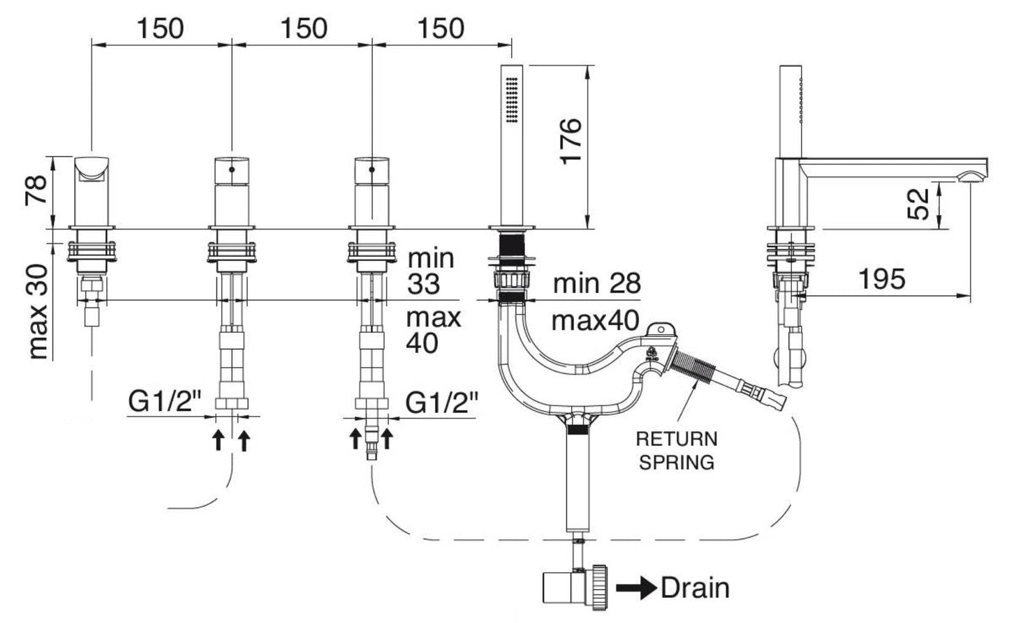 Rubinetterie Treemme 3M Albatros IT 4C68 CC AS ZZ Miscelatore Batteria Bordo Vasca Installazione ad Appoggio Miscelazione Meccanica 4 Fori Stile Moderno Ottone Cromato 2 Leve Manopole Doccetta Estraibile a Mano in Metallo Flessibile PVC