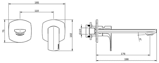 Rubinetterie Treemme 3M Albatros RWIT 4CC5 CC 01 + RWIT 51A5 ZZ 01 Miscelatore Lavabo Incasso Muro 176 mm 2 Fori 1 Manopola Miscelazione Meccanica Senza Piastra Stile Moderno Profondità 198mm Parte Interna Esterna Incluse Ottone Cromato