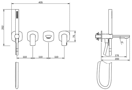 Rubinetterie Treemme 3M Albatros RWIT 4CD8 CC 01 + RWIT 51D7 ZZ 12 Miscelatore Vasca / Doccia Incasso Muro Meccanico Parte Interna Esterna Inclusa 4 Fori Senza Piastra Staffa Cartongesso Ottone Cromato 2 Leve Stile Moderno Doccetta Flessibile