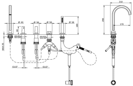 Rubinetterie Treemme 3M Appia IT 3C06 CC AO ZZ Miscelatore Batteria Bordo Vasca Installazione ad Appoggio Miscelazione Meccanica 5 Fori Stile Classico Contemporaneo Ottone Cromato 3 Leve Manopole Doccetta Estraibile a Mano in Metallo Flessibile PVC