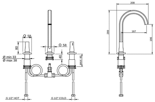 Rubinetterie Treemme 3M Appia IT 3C16 CC AO ZZ Miscelatore Batteria Lavabo Da Appoggio 3 Fori 2 Leve Miscelazione Meccanica Stile Classico Contemporaneo Altezza 289 mm Profondità 208 mm Materiale Ottone Finitura Cromata