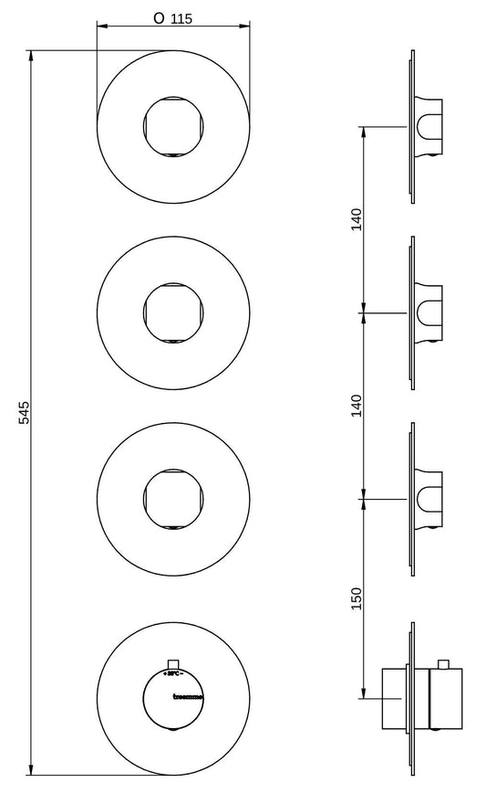 Rubinetterie Treemme 3M Appia RWIT 3C75 CC AO + RWIT 7275 ZZ 40 Miscelatore Doccia Termostatico Incasso 3 Uscite Parete 4 Fori 4 Manopole Parte Interna Esterna Incluse Stile Classico Contemporaneo Senza Piastra Materiale Ottone Finitura Cromata
