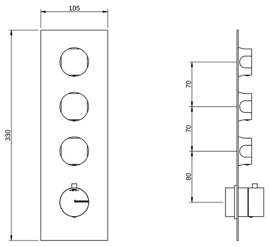 Rubinetterie Treemme 3M Appia RWIT 3C94 CC AO + RWIT 7294 ZZ 30 Miscelatore Doccia Termostatico Incasso 3 Uscite Parete 4 Fori 4 Manopole Parte Interna Esterna Incluse Stile Classico Contemporaneo Con Piastra Materiale Ottone Finitura Cromata