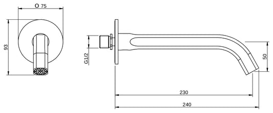 Rubinetterie Treemme 3M Aurelia IT 2C61 CC ZZ HF Bocca a Muro per Vasca 230 mm Getto di Erogazione Uscita Acqua Installazione a Parete Materiale Ottone Finitura Cromata Stile Classico Contemporaneo Monoforo Lunghezza 240 mm