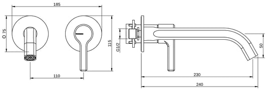 Rubinetterie Treemme 3M Aurelia RWIT 2CC6 CC 01 + RWIT 51A5 ZZ 01 Miscelatore Lavabo a Muro 230 mm 2 Fori 1 Manopola Miscelazione Meccanica Stile Classico Contemporaneo Profondità 240 mm Parte Interna Esterna Incluse Materiale Ottone Finitura Cromata