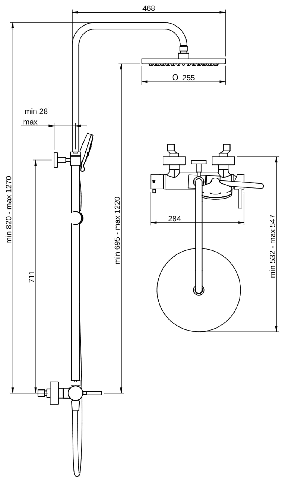 Rubinetterie Treemme 3M Contract Footprint IT 8C60 CC FP ZZ Colonna Gruppo Doccia Multifunzione Miscelatore Meccanico Deviatore Doccetta Rotonda Soffione Tondo Ø Diametro 255 mm Anticalcare ABS Flessibile PVC 1,5 Metri Montaggio Muro Ottone Cromato