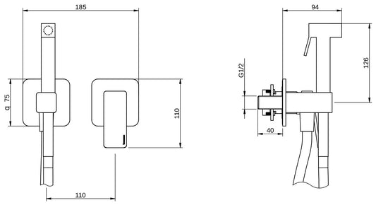 Rubinetterie Treemme 3M Pa36 RWIT 8BD4 CC 30 + RWIT 51A5 ZZ 01 Miscelatore Incasso Idroscopino Per WC Con Doccetta Quadra in Metallo Flessibile in PVC 1 Metro 2 Fori 1 Leva Parte Interna e Esterna Incluse Materiale Ottone Finitura Cromata