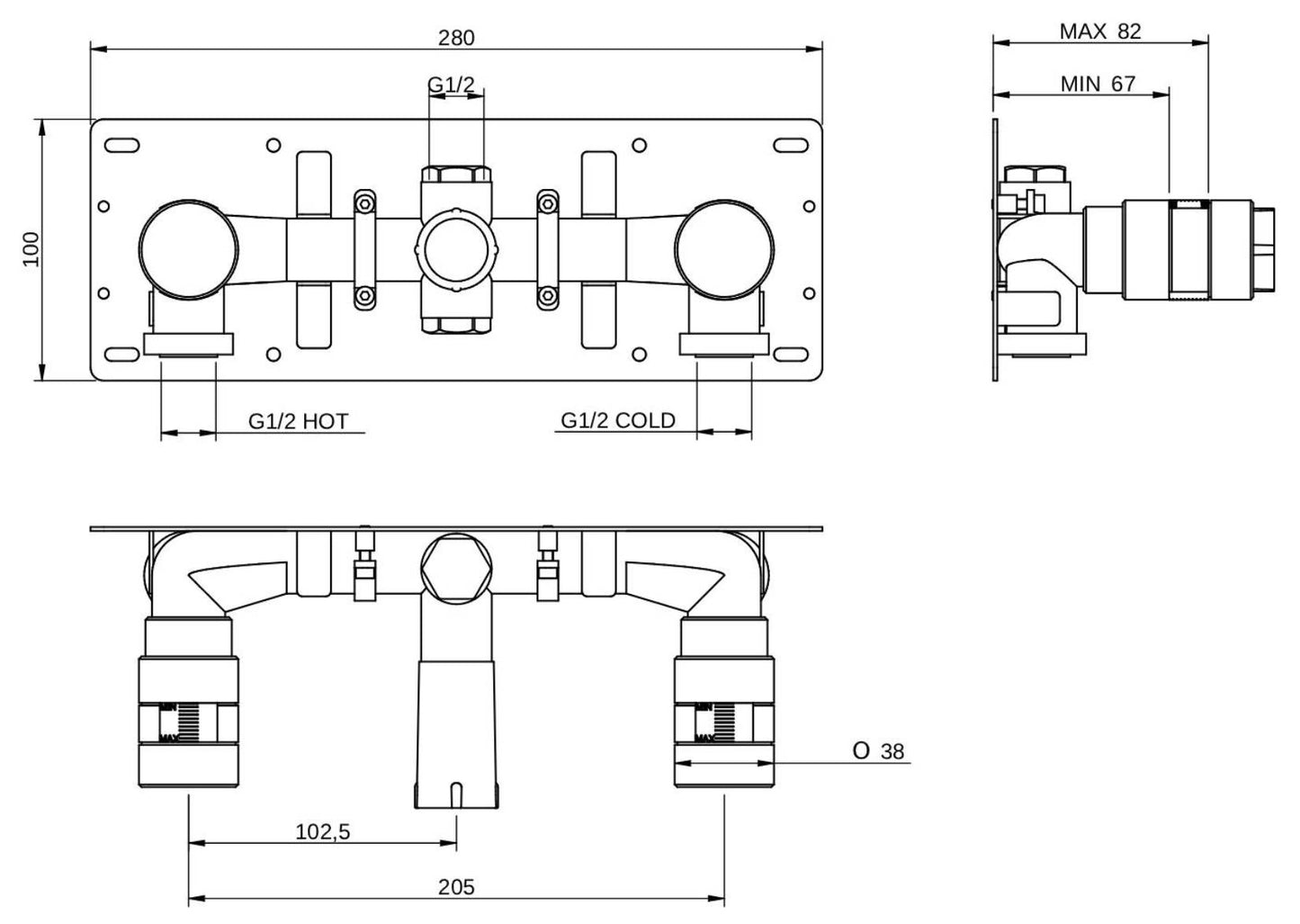 Rubinetterie Treemme 3M Appia RWIT 3C60 CC 50 + RWIT 3A60 ZZ 02 Miscelatore Gruppo Lavabo a Muro 3 Fori 2 Manopole Miscelazione Meccanica Stile Classico Contemporaneo Profondità 250 mm Parte Interna Esterna Incluse Materiale Ottone Finitura Cromata