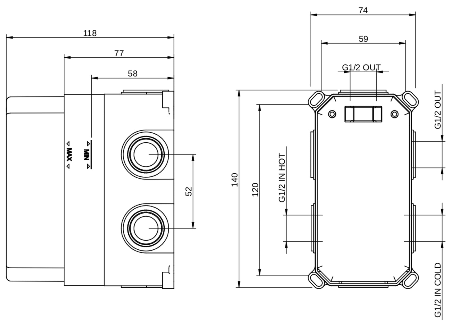 Rubinetterie Treemme 3M Contract Footprint RWIT 7C46 CC 01 + RWIT 7C46 ZZ 2V Miscelatore Doccia Incasso Parete Deviatore Due Uscite Rotativo Miscelazione Termostatica 2 Fori Manopole Parte Interna Esterna Incluse Stile Moderno Con Piastra Ottone Cromato