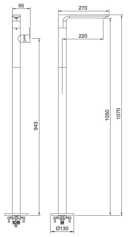 Rubinetterie Treemme Ran RWIT 2214 CC 50 + RWIT 4A62 ZZ 50 Miscelatore Monocomando Lavabo Da Terra Materiale Ottone Finitura Cromata H1070 L220 mm