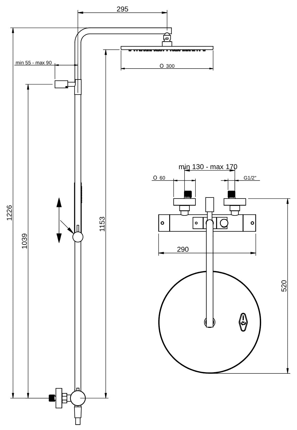 Rubinetterie Treemme 3M Showers IT 6581 IS ZZ ZZ Colonna Gruppo Doccia Multifunzione Parete Miscelatore Termostatico Acciaio Inox Spazzolato Opaco Con Doccetta Rotonda Soffione Anticalcare Tondo Ø Diametro 300 mm in Metallo Flessibile PVC 1,5 Metri