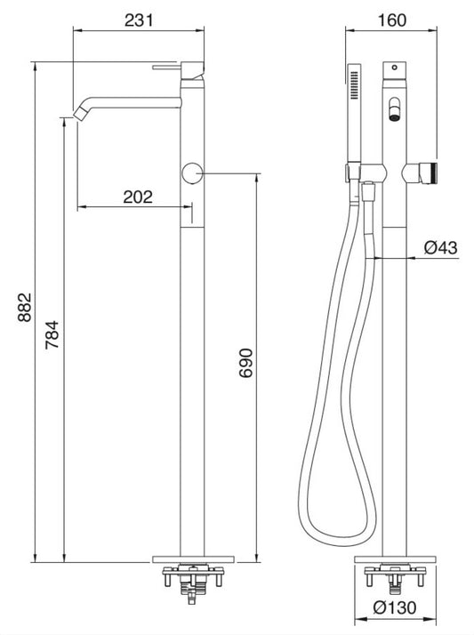 Rubinetterie Treemme UP+ RWIT 5703 CC 50 + RWIT 4A62 ZZ 50 Miscelatore Monocomando Vasca Da Terra a Pavimento Con Doccetta In Metallo Materiale Ottone Finitura Cromata