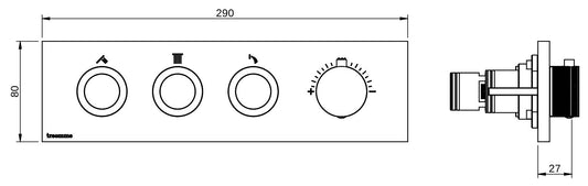 Rubinetterie Treemme 3M W-Smart RWIT 5C94 IS 01 + RWIT 5C94 ZZ 30 Miscelatore Doccia Termostatico Incasso 3 Uscite Parete 4 Fori Quattro Manopole Sistema Premi e Regola Parte Interna Esterna Incluse Stile Moderno Con Piastra Acciaio Inox Spazzolato Opaco