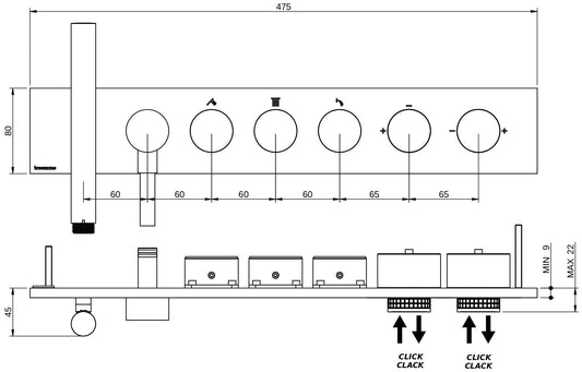 Rubinetterie Treemme 3M W-Touch RWIT 1B97 IS 01 + RWIT 1B97 ZZ 30 Miscelatore Doccia Meccanico Incasso 3 Uscite Parete 7 Fori 5 Manopole Stile Moderno Con Piastra Acciaio Inox Spazzolato Opaco Doccetta Metallo Flessibile PVC Parte Interna Esterna Incluse