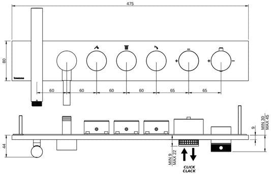 Rubinetterie Treemme 3M W-Touch RWIT 1B98 IS 01 + RWIT 1B98 ZZ 30 Miscelatore Doccia Termostatico Incasso 3 Uscite Parete 7 Fori 5 Manopole Stile Moderno Piastra Acciaio Inox Spazzolato Opaco Doccetta Metallo Flessibile PVC Parte Interna Esterna Incluse