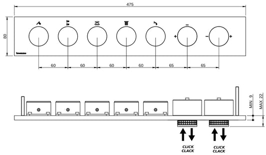 Rubinetterie Treemme 3M W-Touch RWIT 1BE5 IS 01 + RWIT 1BE5 ZZ 30 Miscelatore Doccia Meccanico Monocomando Incasso 5 Uscite Parete 7 Fori 7 Manopole Stile Moderno Con Piastra Materiale Acciaio Finitura Inox Spazzolato Opaco Parte Interna Esterna Incluse