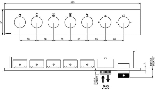 Rubinetterie Treemme 3M W-Touch RWIT 1BF5 IS 01 + RWIT 1BF5 ZZ 30 Miscelatore Doccia Termostatico Incasso 5 Uscite Parete 7 Fori 7 Manopole Stile Moderno Con Piastra Materiale Acciaio Finitura Inox Spazzolato Opaco Parte Interna Esterna Incluse