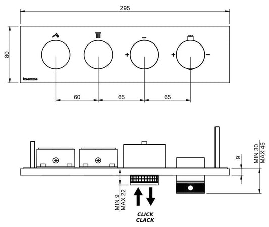 Rubinetterie Treemme 3M W-Touch RWIT 1B86 CC 01 + RWIT 1B86 ZZ 30 Miscelatore Doccia Termostatico Incasso 2 Uscite Parete 4 Fori Manopole Sistema Premi e Regola Parte Interna Esterna Incluse Stile Moderno Con Piastra Materiale Ottone Finitura Cromata