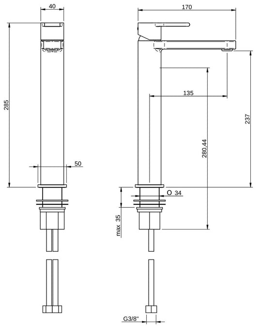 Rubinetterie Treemme 3M Contract Xero+ IT 7C18 CC XE ZZ Miscelatore Monocomando Lavabo 237 Da Appoggio Monoforo 1 Manopola Miscelazione Meccanica Stile Moderno Altezza 285 mm Profondità 170 mm Materiale Ottone Finitura Cromata