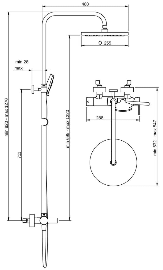 Rubinetterie Treemme 3M Contract Xero+ IT 7C60 CC XE ZZ Colonna Gruppo Doccia Multifunzione Miscelatore Meccanico Deviatore Doccetta Rotonda Soffione Tondo Ø Diametro 255 mm Anticalcare ABS Flessibile PVC 1,5 Metri Montaggio Muro Ottone Cromato