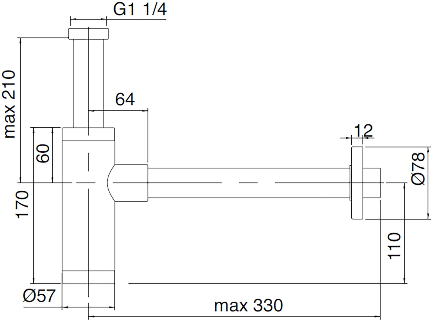 Rubinetterie Treemme 3M Contract Xero+ IT RTSF 120 CC Sifone A Vista per Bagno Forma Tonda Materiale Ottone Finitura Cromata