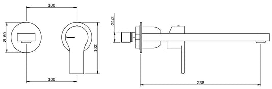 Rubinetterie Treemme 3M Contract Xero+ RWIT 7C76 CC 02 + RWIT 7C51 ZZ 04 Miscelatore Lavabo Incasso Muro 238 mm 2 Fori 1 Manopola Miscelazione Meccanica Senza Piastra Stile Moderno Profondità 238 mm Parte Interna Esterna Incluse Ottone Cromata