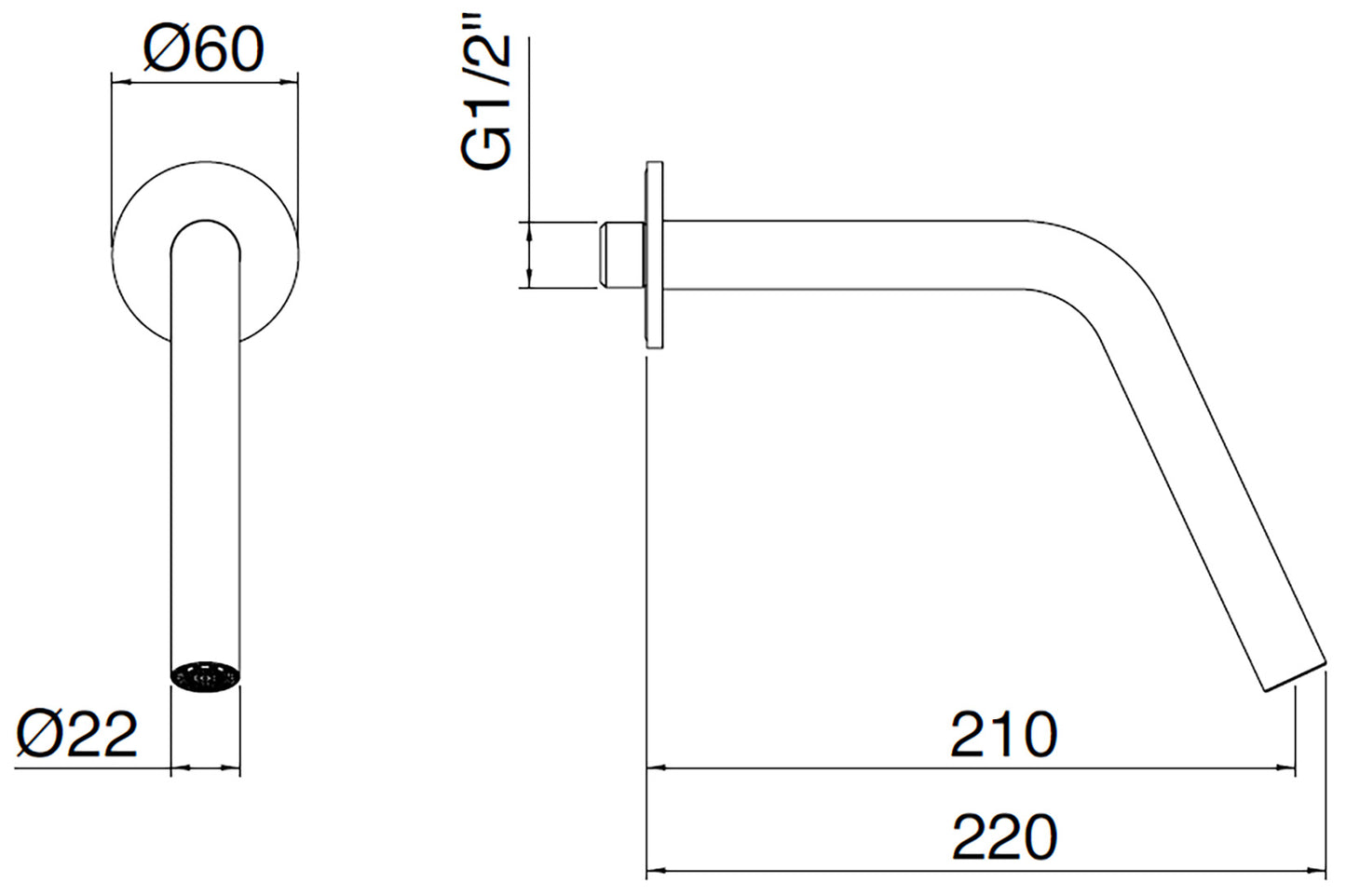 Rubinetterie Treemme 3M 22MM IT 1161 IS ZZ ZZ Bocca Getto Erogazione Acqua A Parete 210 mm Stile Moderno Materiale Acciaio Finitura Acciaio Spazzolato Opaco Inox