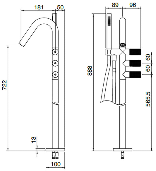 Rubinetterie Treemme 3M 22MM RWIT 6084 IS 01 + RWIT 1314 ZZ 02 Miscelatore Vasca Installazione Pavimento Da Terra Monoforo Con Piastra E Doccetta 2 Manopole Stile Moderno Acciaio Spazzolato Opaco Inox Parte Interna Esterna Incluse