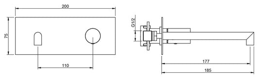 Rubinetterie Treemme 3M 28mm RWIT 3BA5 IS 01 + RWIT 51A5 ZZ 01 Miscelatore Lavabo Incasso 177 Muro 1 Manopola Liscia Destra 2 Fori Meccanico Moderno Lunghezza 185 mm Piastra Staffa Cartongesso Acciaio Inox Spazzolato Opaco Parte Interna Esterna Incluse