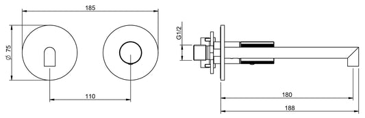 Rubinetterie Treemme 3M 28mm RWIT 3BC5 IS G1 + RWIT 51A5 ZZ 01 Miscelatore Lavabo Incasso 180 Parete 1 Manopola Zigrinata Destra 2 Fori Meccanico Moderno Tondo Lunghezza 188 mm Staffa Cartongesso Acciaio Inox Spazzolato Opaco Parte Interna Esterna Incluse