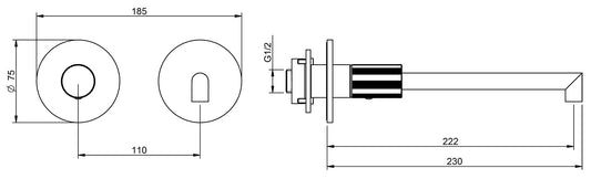 Rubinetterie Treemme 3M 28mm RWIT 3BC9 IS G1 + RWIT 51A5 ZZ 01 Miscelatore Lavabo Incasso 222 Muro 1 Manopola Zigrinata Sinistra 2 Fori Meccanico Moderno Tondo Lunghezza 230 mm Staffa Cartongesso Acciaio Inox Spazzolato Opaco Parte Interna Esterna Incluse