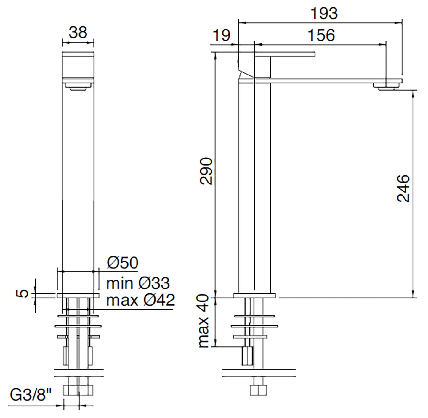 Rubinetterie Treemme 3M 3.6 IT 9A18 IS TS ZZ Miscelatore Monocomando Lavabo 246 Appoggio 1 Leva Monoforo Miscelazione Meccanica Stile Moderno Altezza 290 mm Lunghezza 193 mm Materiale Acciaio Finitura Inox Spazzolato Opaco