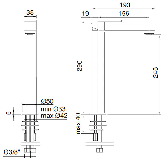 Rubinetterie Treemme 3M 3.6 IT 9A18 IS TS ZZ Miscelatore Monocomando Lavabo 246 Appoggio 1 Leva Monoforo Miscelazione Meccanica Stile Moderno Altezza 290 mm Lunghezza 193 mm Materiale Acciaio Finitura Inox Spazzolato Opaco