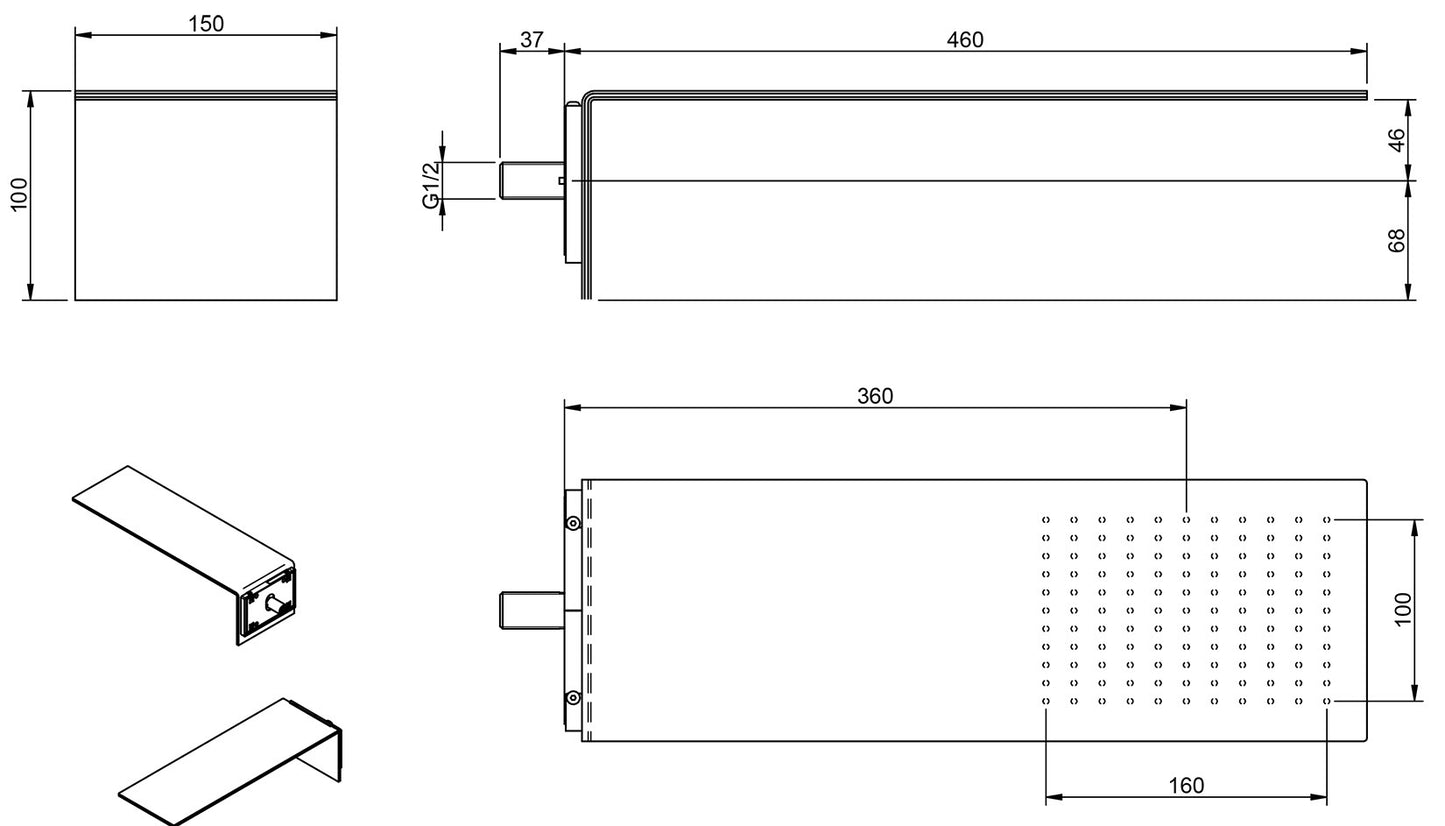 Rubinetterie Treemme 3M 3.6 RWIT 2847 IS 01 Soffione Doccia A Parete Forma L Mensola Rettangolare Con Funzione Pioggia 150 Misura 460x150 mm Stile Moderno Acciaio Finitura Inox Spazzolato Opaco