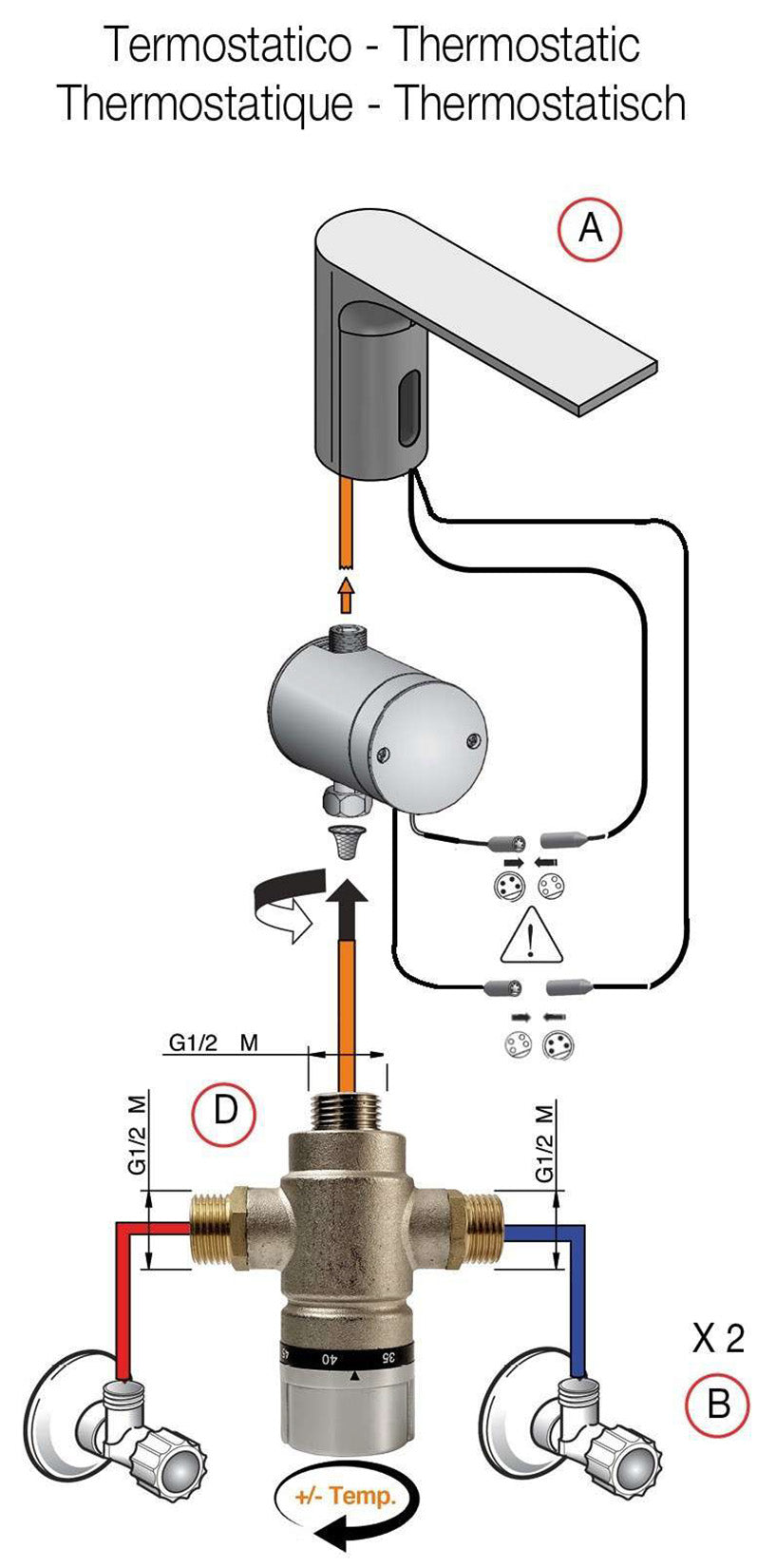 Rubinetterie Treemme 3M Electronic Washbasin Tap IT 1315 IS ZZ ZZ + IT RTMT 142 CC + IT 0401 IS ZZ ZZ Rubinetto Elettronico Fotocellula Lavabo 107 Appoggio Batteria Termostatico 1 Snodo T 2 Arresto Filtro L 124 mm H 188 mm Acciaio Inox Spazzolato Opaco