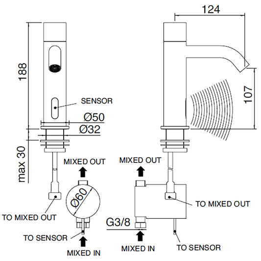 Rubinetterie Treemme 3M Electronic Washbasin Tap IT 1315 IS ZZ ZZ + IT RTRB 190 CC + IT 0401 IS ZZ ZZ Rubinetto Elettronico Fotocellula Lavabo 107 Batteria Meccanico 1 Snodo T 2 Arresto Filtro Lunghezza 124 mm Altezza 188 mm Acciaio Inox Spazzolato Opaco