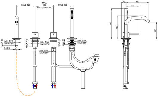 Rubinetterie Treemme 40MM Miscelatore Batteria Appoggio Bordo Vasca 4 Fori 2 Leve Con Doccetta In Acciaio Inox Estraibile Senza Piastra Stile Moderno Materiale Acciaio Finitura Acciaio Spazzolato Opaco Inox