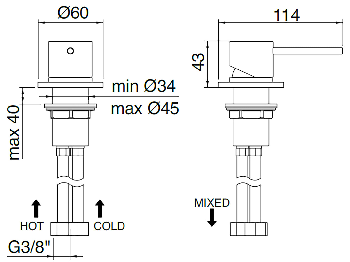 Rubinetterie Treemme 40MM Monocomando Monoforo Remoto Appoggio Da Piano Per Lavabo Senza Bocca 43 mm Stile Moderno Materiale Acciaio Finitura Acciaio Spazzolato Opaco Inox